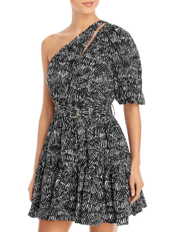 Adriana Womens Swim Cover One Shoulder Fit & Flare Dress Shiny One-Piece Swimsuit