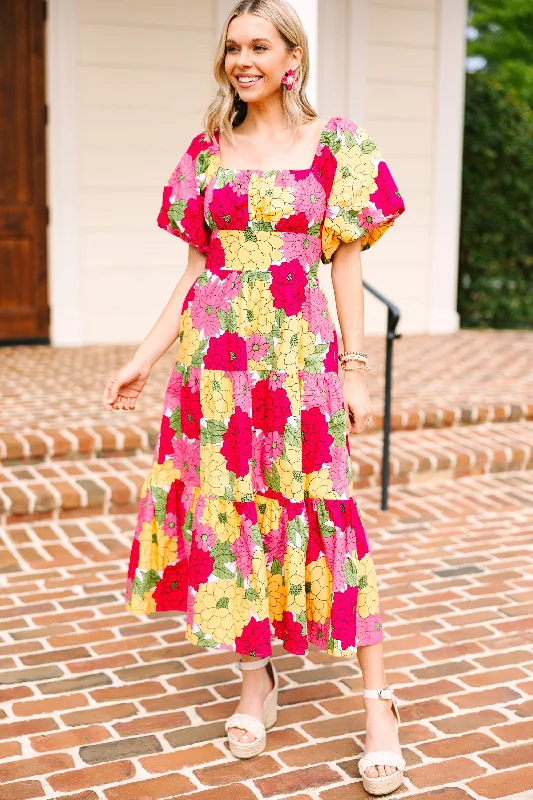 All On Your Own Fuchsia Pink Floral Midi Dress Fashionable Plaid Midi Dress