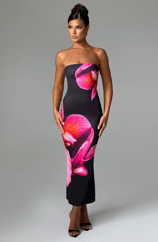 Allegra Midi Dress - Black Floral Print Cozy Spaghetti Strap Midi Dress