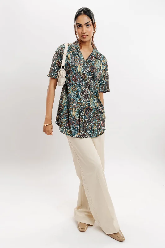 Ancient Print Women's Resort Shirt Cozy Knit Short Sleeve Top