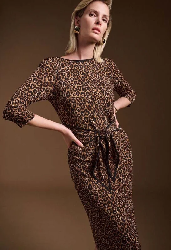 Animal Print Midi Dress With Belt Comfortable Denim Midi Dress