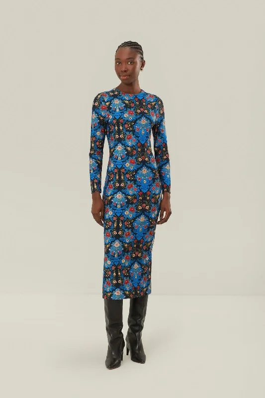 Blue Arabesque Floral Jersey LENZING™ ECOVERO™ Midi Dress Cozy Wide Strap Midi Dress Blue Arabesque Floral Jersey LENZING™ ECOVERO™ Midi Dress Cozy Wide Strap Midi Dress