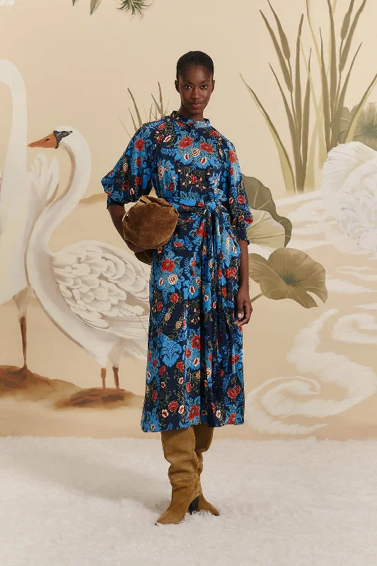 Blue Arabesque Floral Midi Dress Fashionable Off-Shoulder Dress Midi