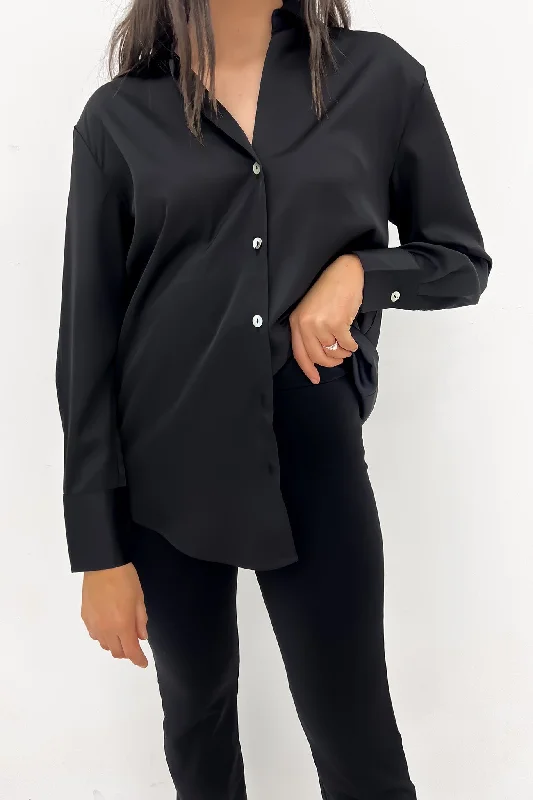 Arden Satin Shirt Black Trendy Button-Front Short Sleeve