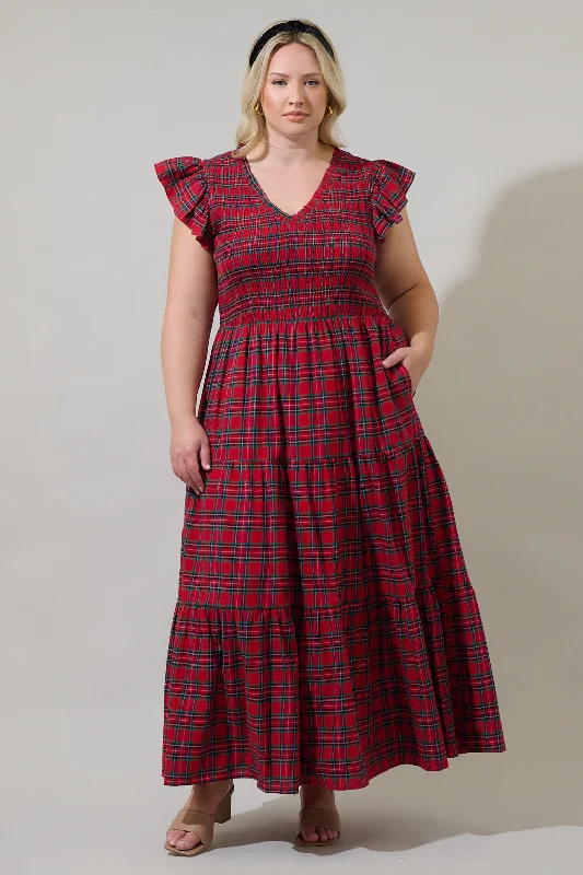Arvada Plaid Sunfire Smocked Bodice Tiered Midi Dress Curve Comfortable Deep V Midi Dress Arvada Plaid Sunfire Smocked Bodice Tiered Midi Dress Curve Comfortable Deep V Midi Dress