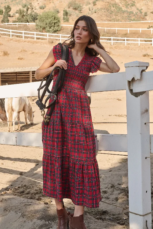 Arvada Plaid Sunfire Smocked Bodice Tiered Midi Dress Elegant Puff Sleeve Midi Dress Arvada Plaid Sunfire Smocked Bodice Tiered Midi Dress Elegant Puff Sleeve Midi Dress