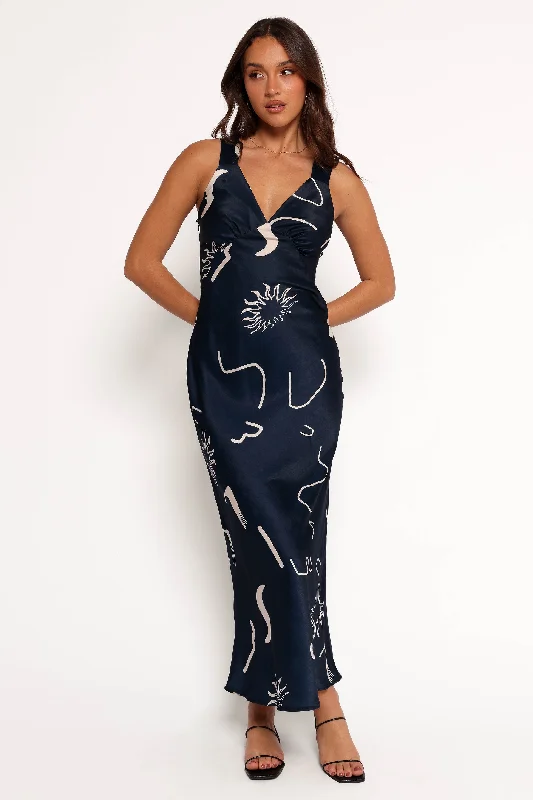 Ashlyn Midi Dress - Navy Print Comfortable Button Front Midi Dress