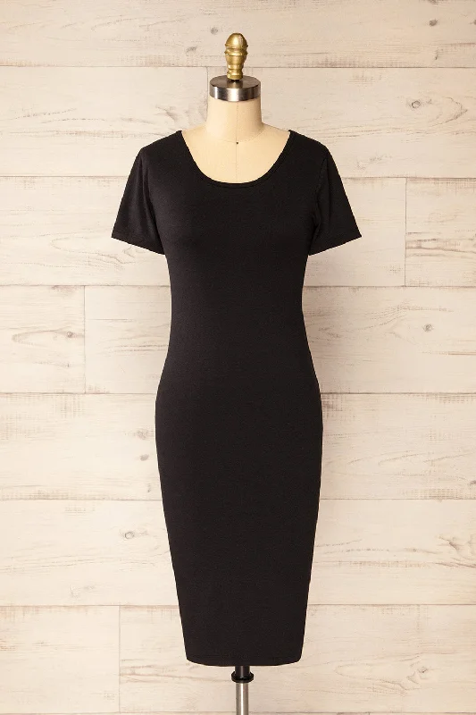 Athens Black | Short Sleeve Fitted Midi Dress