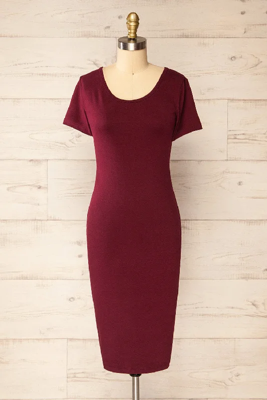 Athens Burgundy | Short Sleeve Fitted Midi Dress