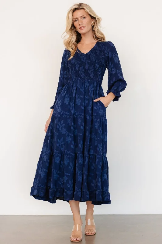 Aubrey Smocked Midi Dress | Navy Floral Trendy Smocked Waist Midi Dress