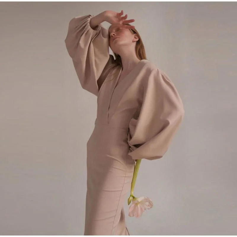 Audrey V Neck Long Sleeve Midi Dress Elegant Faux Wrap Midi Dress