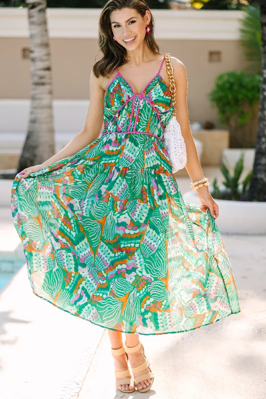 Back In Action Green Abstract Midi Dress Fashionable Plaid Midi Dress