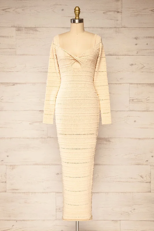 Bangui | Beige Knit Openwork Midi Dress