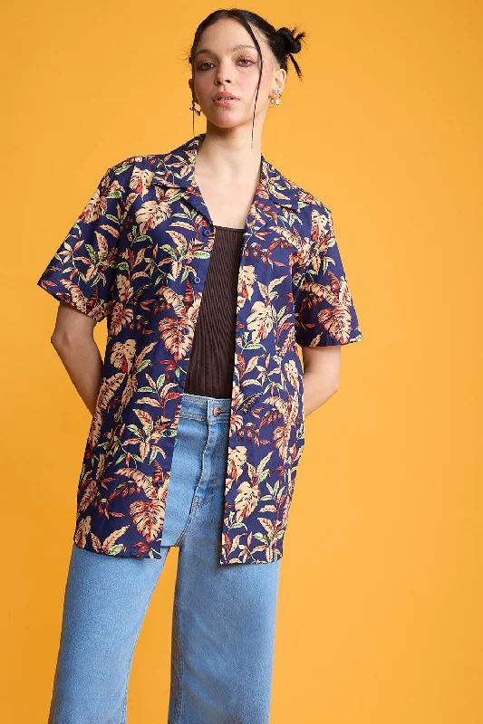 Baroque Navy Women's Resort Shirt Trendy Turtleneck Short Shirt
