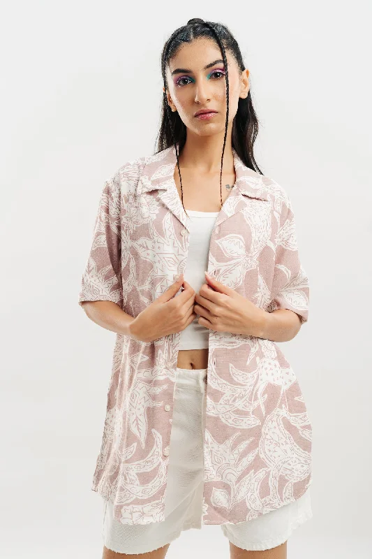 Beige Abstract Print Shirt Comfortable Short Sleeve Tunic
