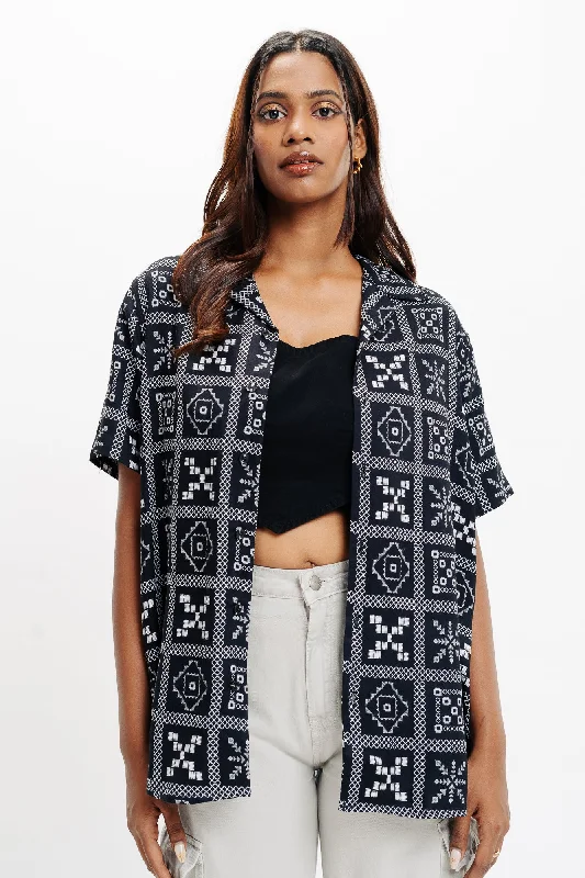 Black Basic Viscose Shirt Trendy Print Short Sleeve