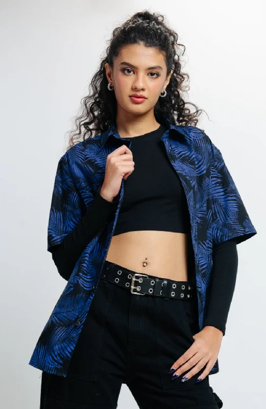 Black Blue Print Shirt Casual Short Sleeve Top