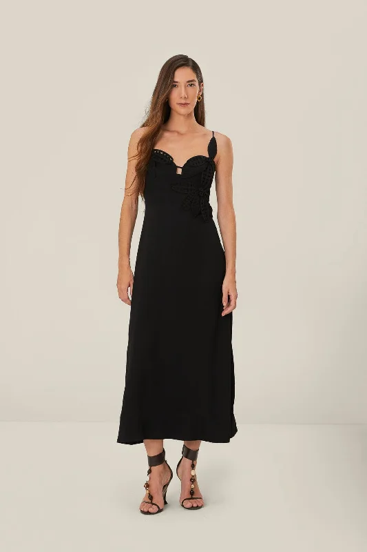 Black Flowered Bust Midi Dress Comfortable Knitwear Midi Dress