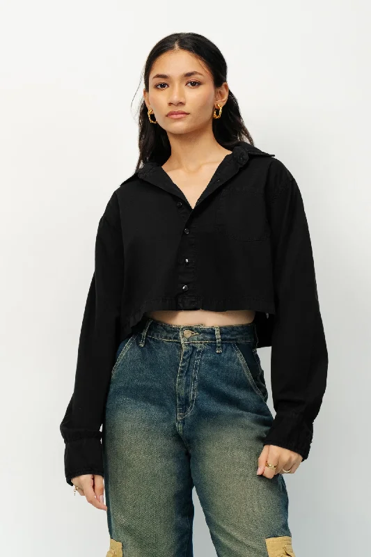 Black Full Sleeves Crop Shirt Cozy Loose Fit Short Sleeve