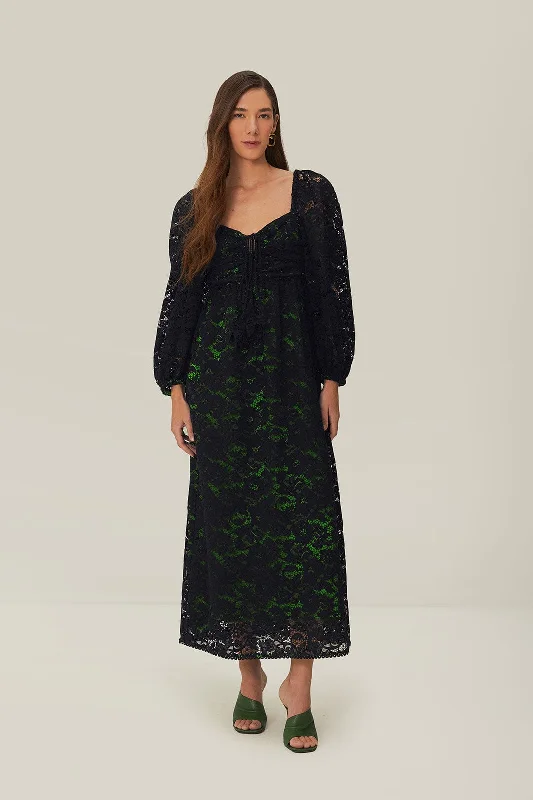 Black Lace Long Sleeve Midi Dress Trendy Midi Dress with Belt