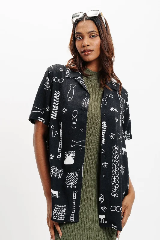Aquatic Print Black Linen Shirt Elegant Lace Short Sleeve