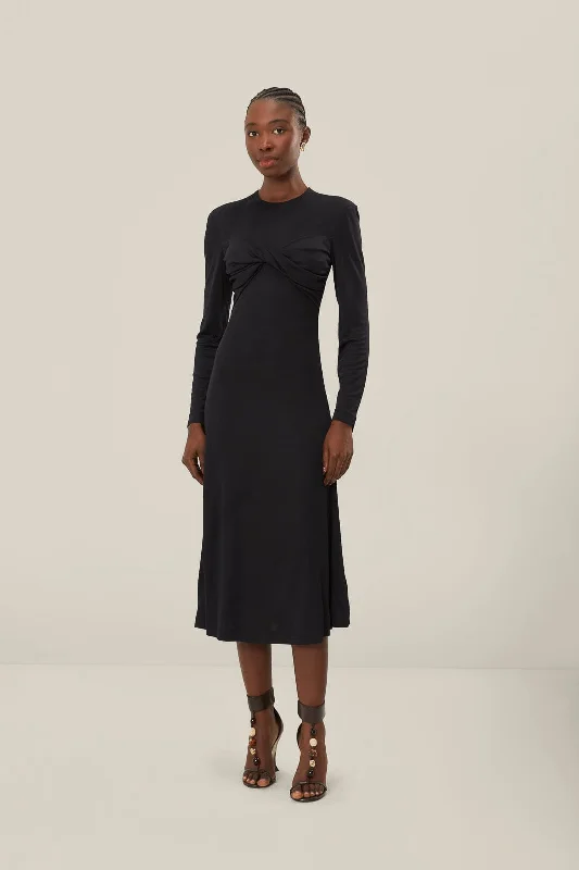 Black Twisted Cup Midi Dress Comfortable Draped Midi Dress