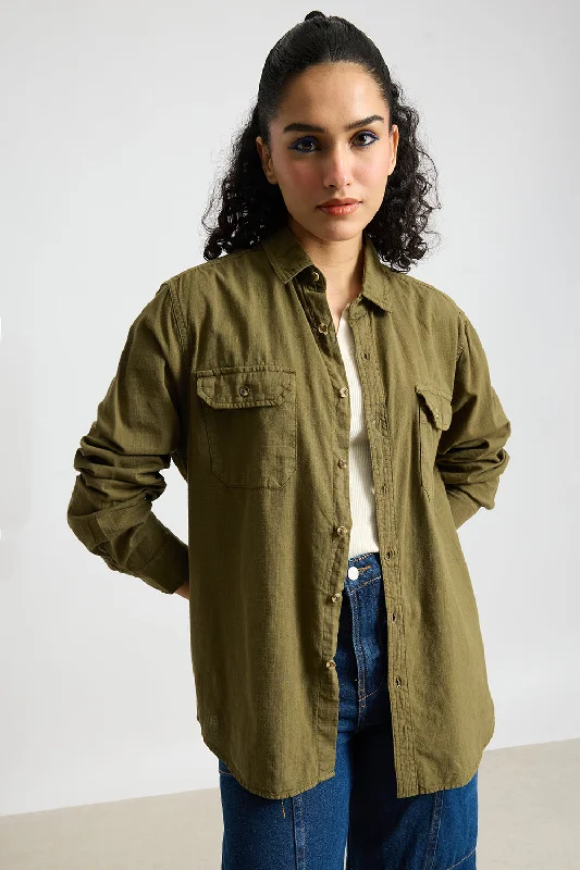 Blaze Military Olive Solid Women's Shirt Trendy Ruffled Short Sleeve