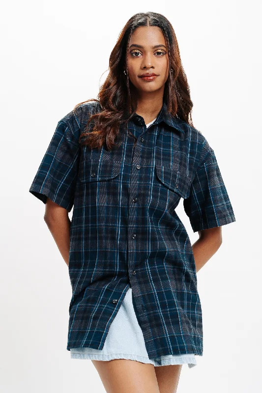 Blue Checkered Shirt Trendy Short Sleeve Tunic