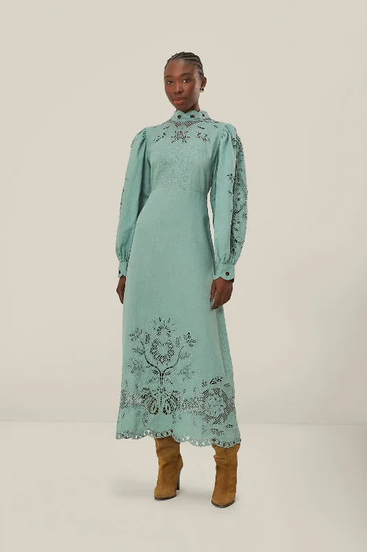 Blue Long Sleeve Midi Dress Elegant Floral Skirt Midi Dress