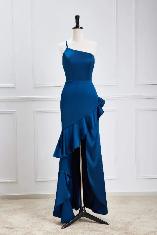 Blue One Shoulder Ruffle Satin Mermaid Maxi Dress