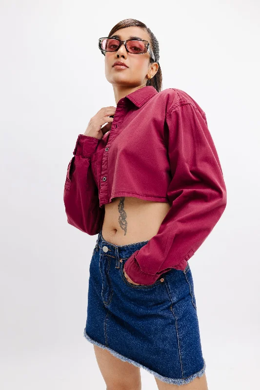 Burgundy Full Sleeves Crop Shirt