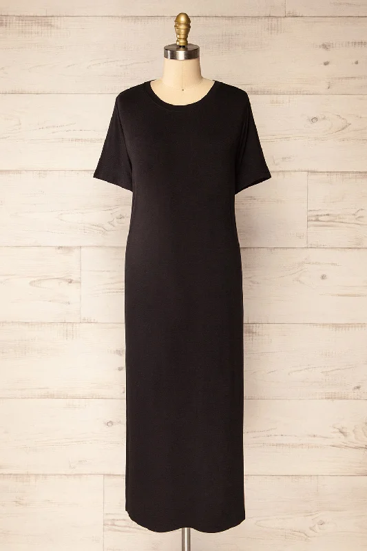 Bucarest Black | Relaxed Fit Midi Dress w/ Short Sleeves