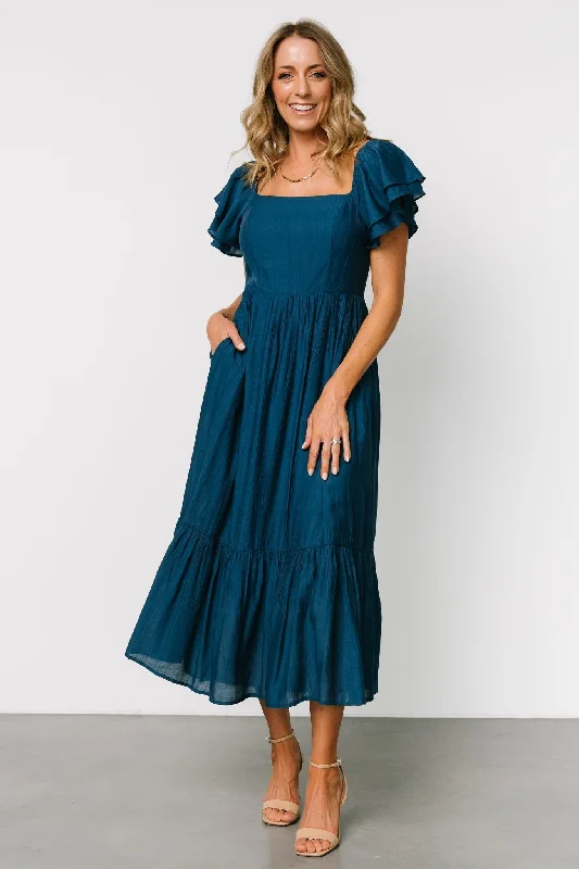 Buttercup Midi Dress | Deep Blue Trendy Fit-and-Flare Midi Dress