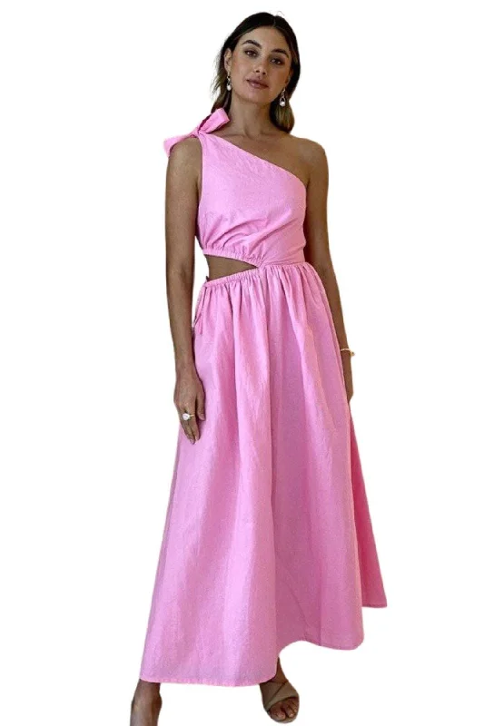 BY NICOLA Gabriella One Shoulder Midi Dress (Pink Grapefruit) Trendy Off-Shoulder Button Midi Dress BY NICOLA Gabriella One Shoulder Midi Dress (Pink Grapefruit) Trendy Off-Shoulder Button Midi Dress