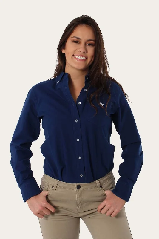 Cambridge Womens Slim Fit Oxford Shirt Navy Fashionable Button-Front Short Sleeve