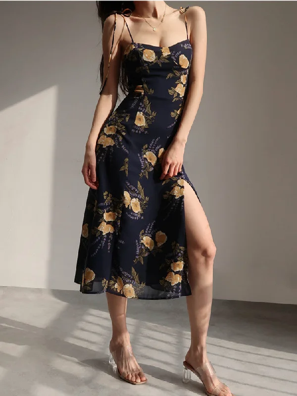 Candice Flower Print Spaghetti Strap Midi Dress Trendy Flared Sleeve Midi Dress