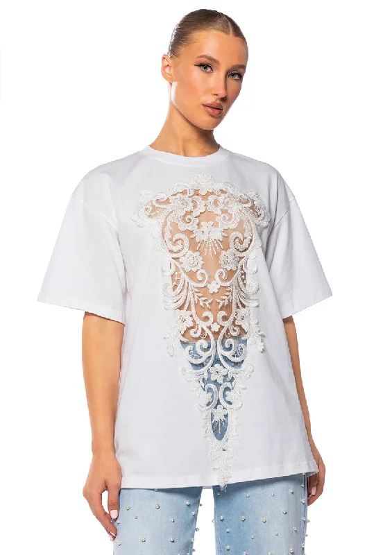 CARA SHEER LACE DETAILED T SHIRT IN WHITE