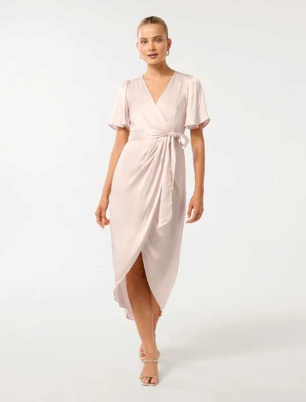 Carolina Satin Midi Dress Elegant Floral Appliqué Midi Dress