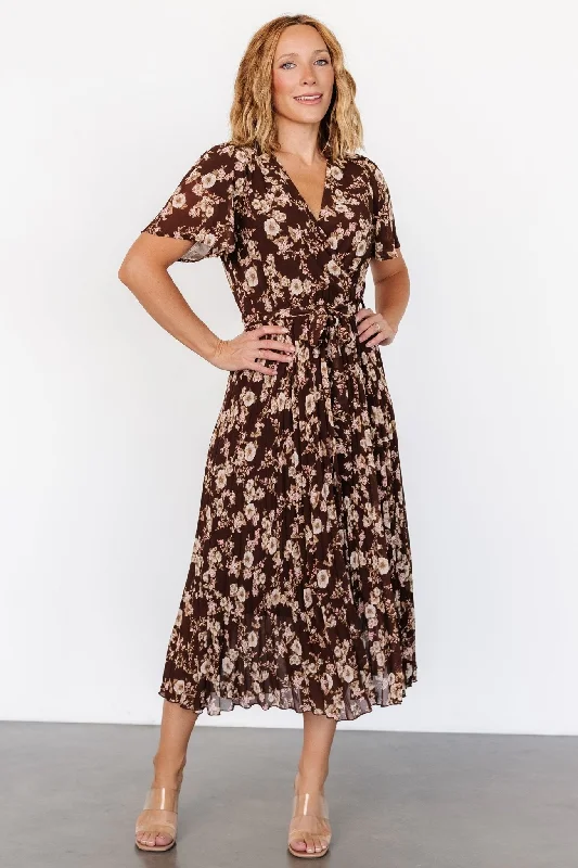 Cassidy Pleated Midi Dress | Brown Floral Stylish Button-Up Midi Dress