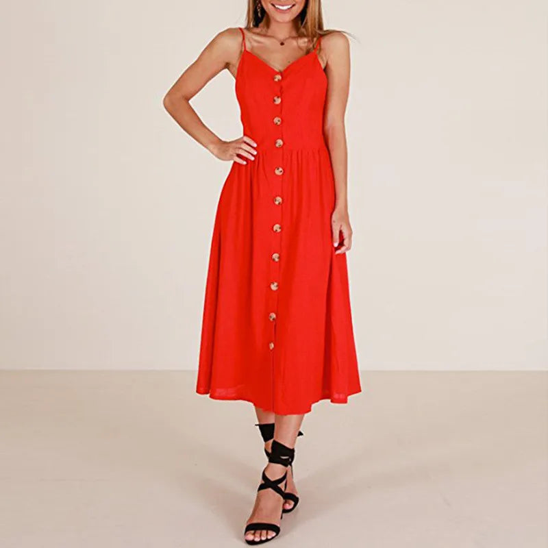 Casual Suspender Collar Sexy Medium Red Party Midi Dresses Stylish Pleated Skirt Midi Dress