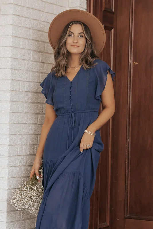 Celine Crochet Lace Tiered Boho Midi Dress - Navy