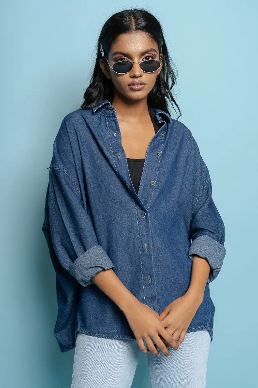 Cerulean Blue Boyfriend Shirt Comfortable Graphic Short Sleeve