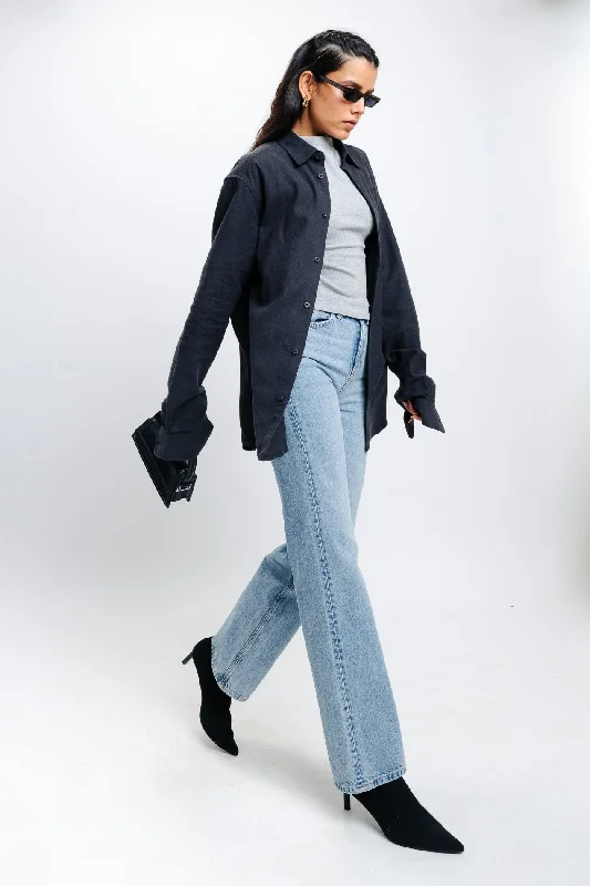 Charcoal Solid Shirt Elegant Longline Short Shirt