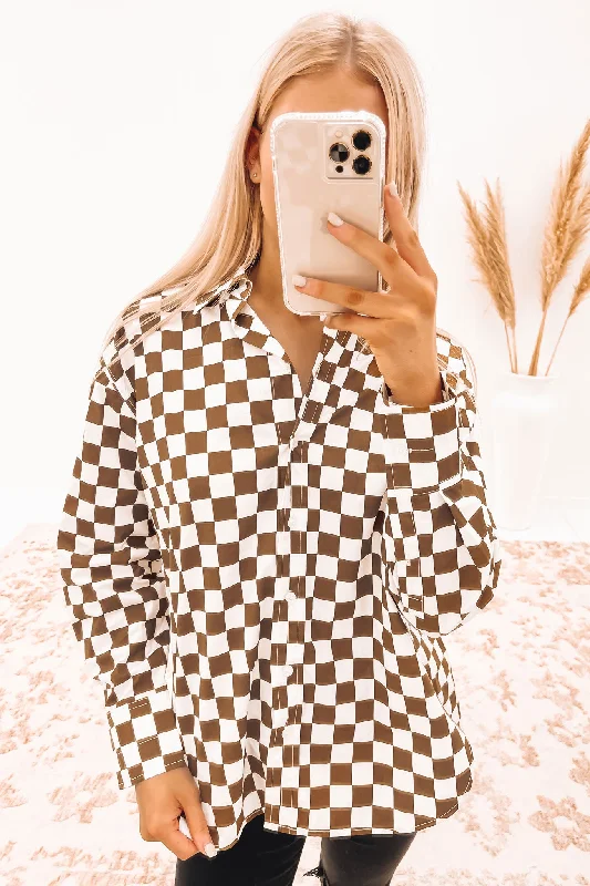 Chelsey Shirt Brown Check Stylish Split-Hem Short Shirt