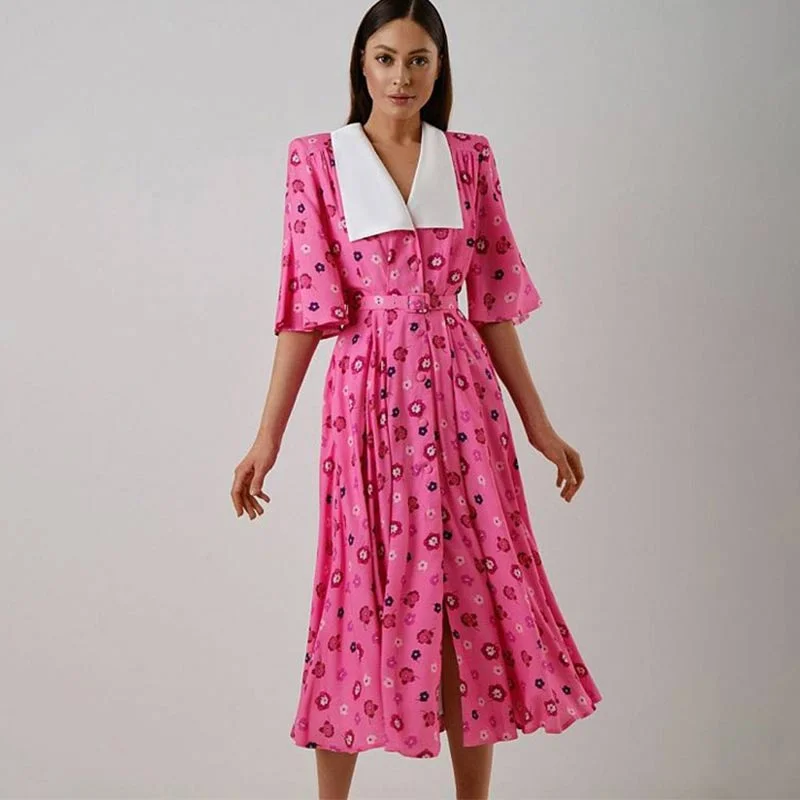 Cheryl Doll Collar Print Midi Dress Comfortable Short Sleeve Midi Dress