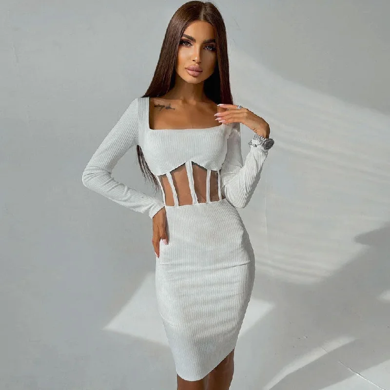 BerryBetty - Square Neck Long Sleeve Mesh Panel Rib Knit Midi Dress - White