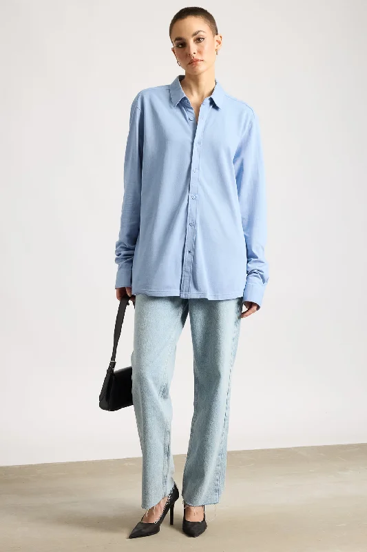 Classic Solid Women's Shirt - Cashmere Blue Stylish Striped Short Sleeve