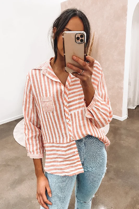 Connor Linen Shirt Coral Comfortable Ribbed Short Sleeve