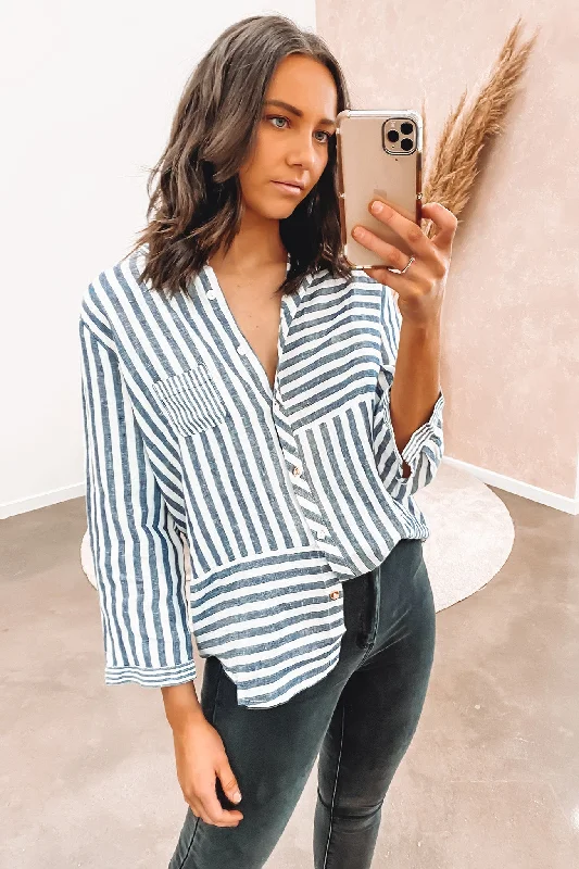 Connor Linen Shirt Navy Elegant High-Low Short Shirt