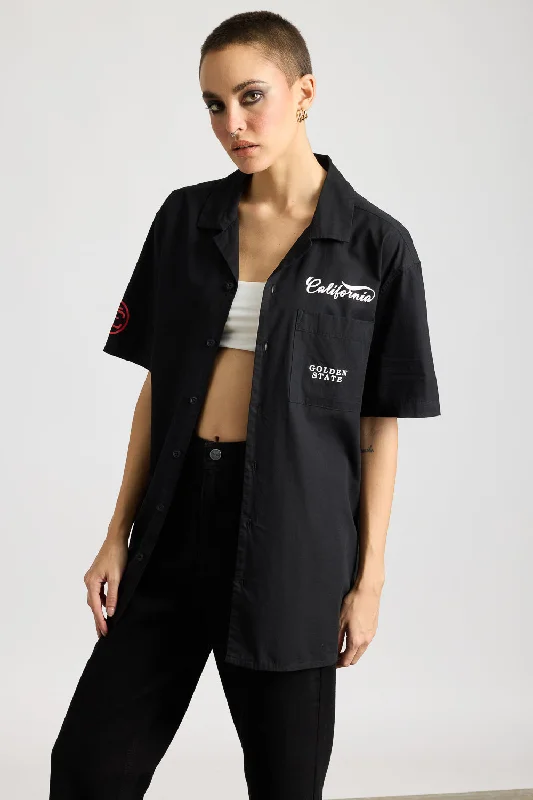 Cotton Poplin Women's Garage Shirt - Classic Black Casual Cotton Short Shirt